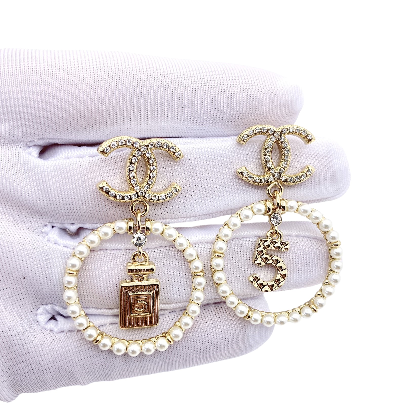 CCE036 Crystal and pearl No 5 and perfume bottl asymmetrical with CC logo stud drop earring - ccjewelryacc