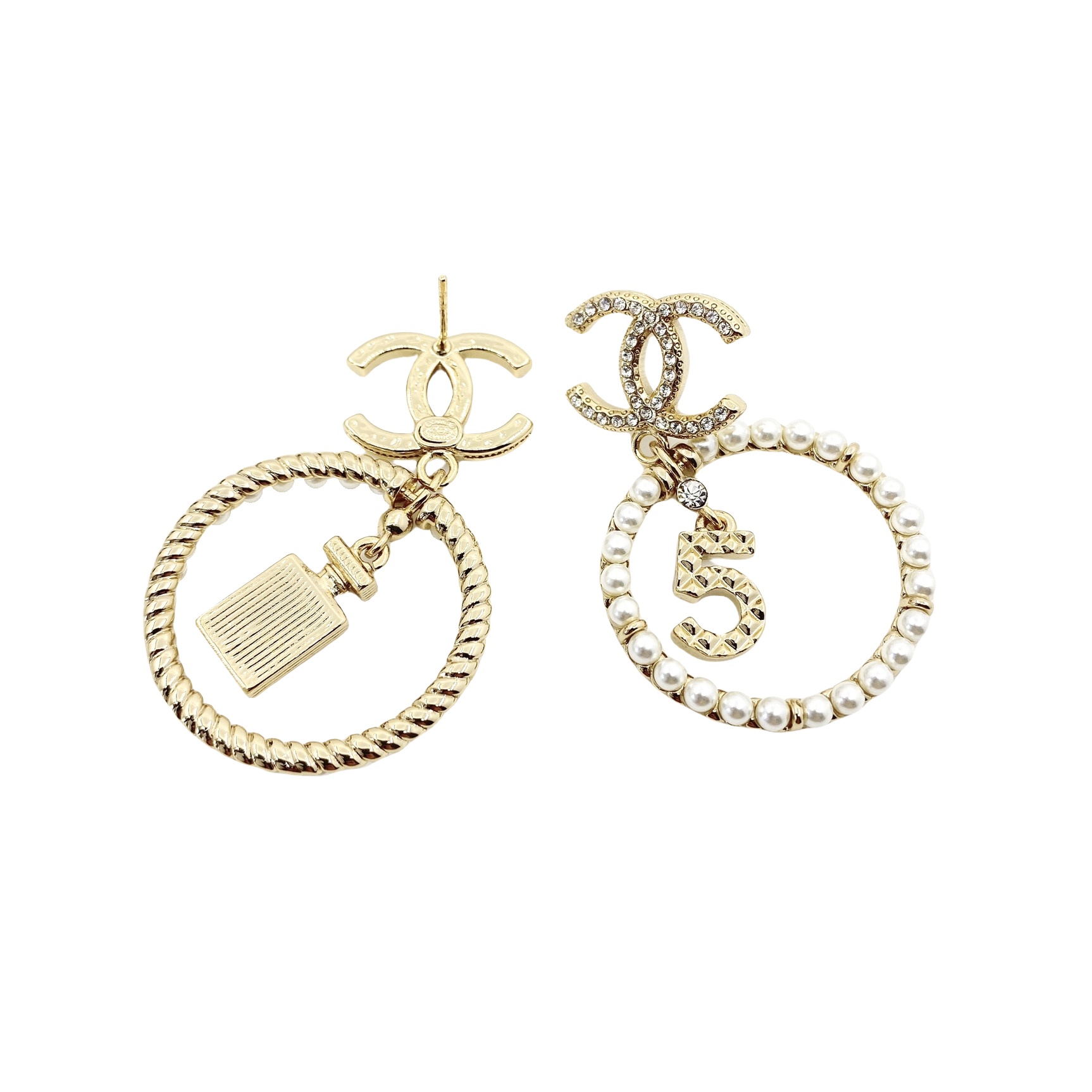 CCE036 Crystal and pearl No 5 and perfume bottl asymmetrical with CC logo stud drop earring - ccjewelryacc