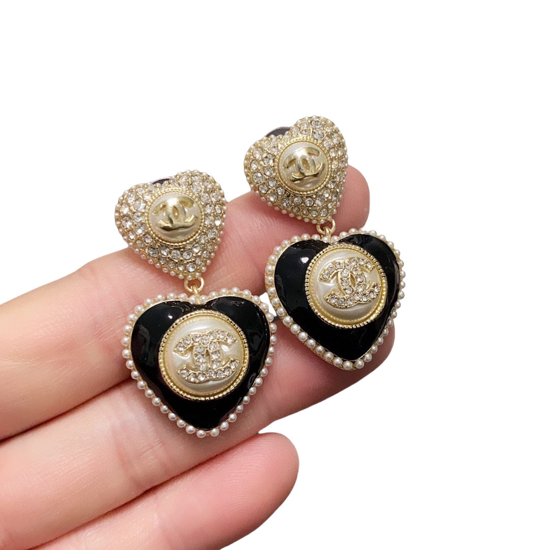 CCE005 Chanel Crystal and pearls cc and heart drop earring - ccjewelryacc