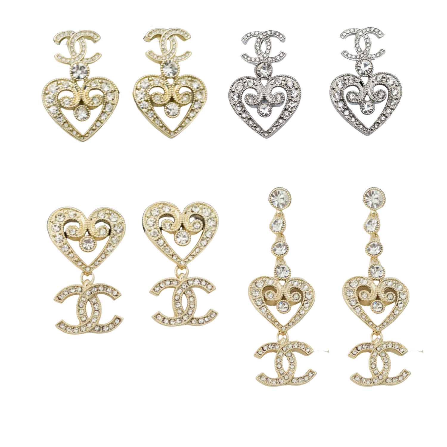 CCE162 Baroque style hollow-out Crystal heart and CC Logo earrings - ccjewelryacc