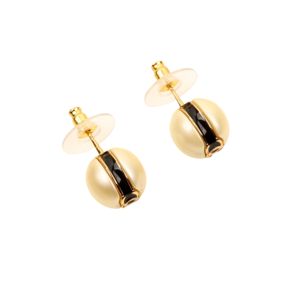 CCE143 Pearl bean black enamel double C earring - ccjewelryacc