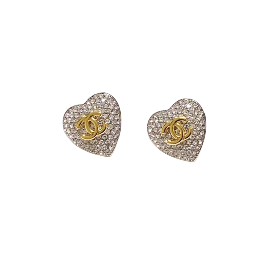 CCE012 Full crystal Sparkling heart shape with CC logo stud earring - ccjewelryacc