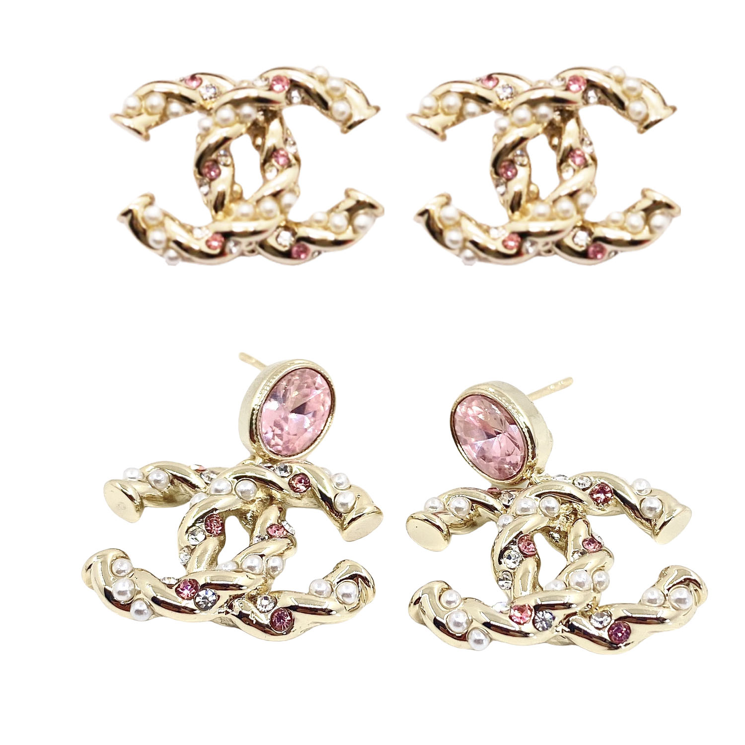 CCE298 Classic Metal twist with pink crystal and pearls cc logo stud earring - ccjewelryacc