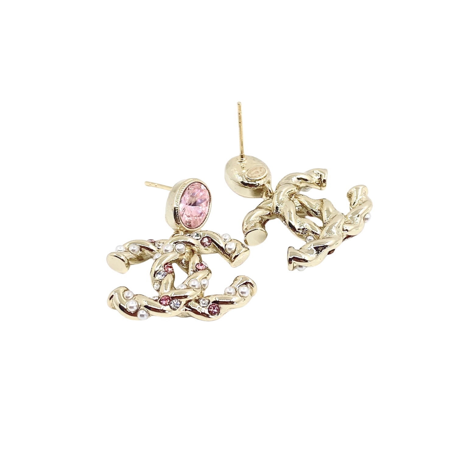 CCE298 Classic Metal twist with pink crystal and pearls cc logo stud earring - ccjewelryacc