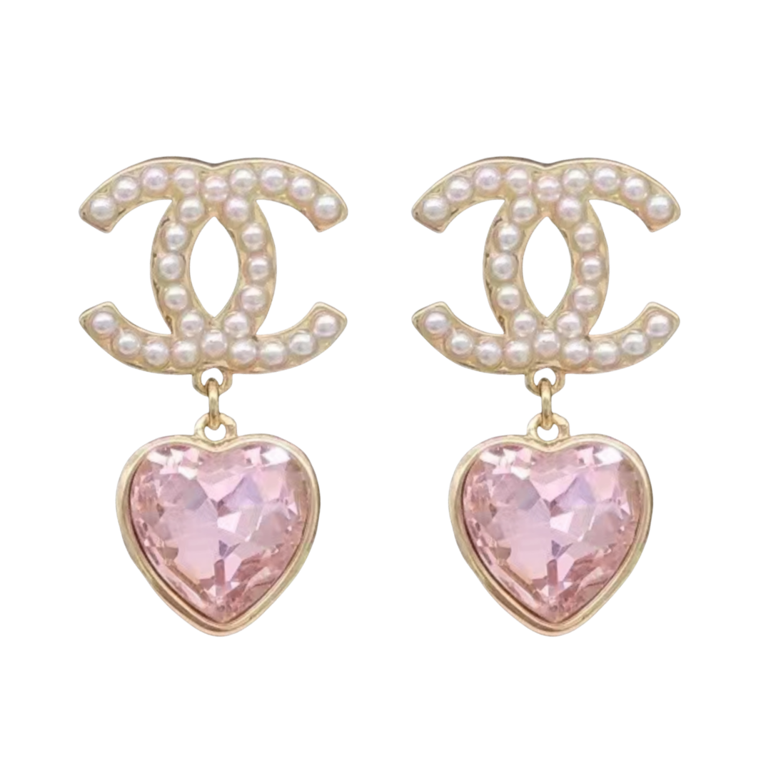CCE654 Pink crystal heart with pearl CC logo drop earrings - ccfashionjewelry