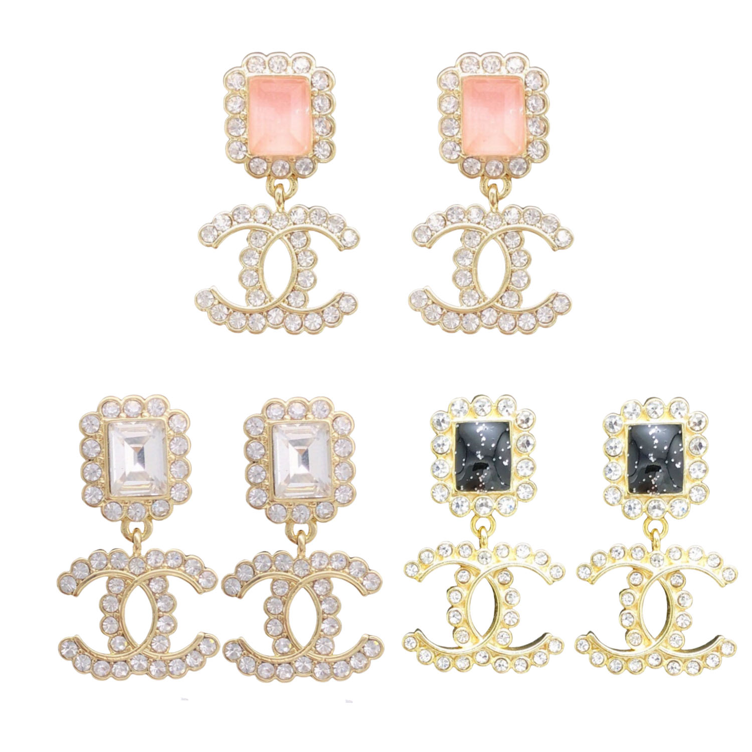 CCE077 Black/Pink/White crystal CC drop earring - ccjewelryacc
