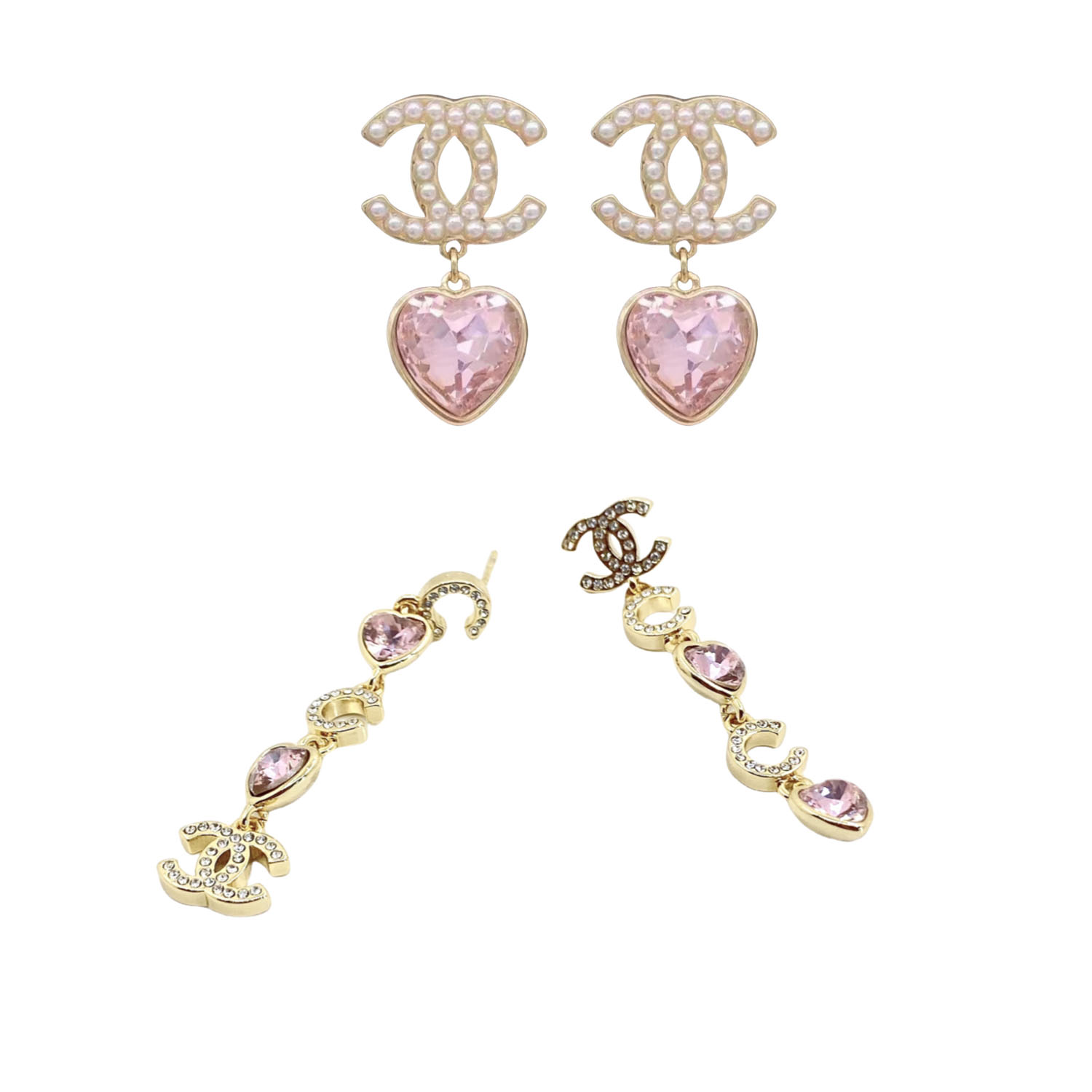 CCE654 Pink crystal heart with pearl CC logo drop earrings - ccfashionjewelry