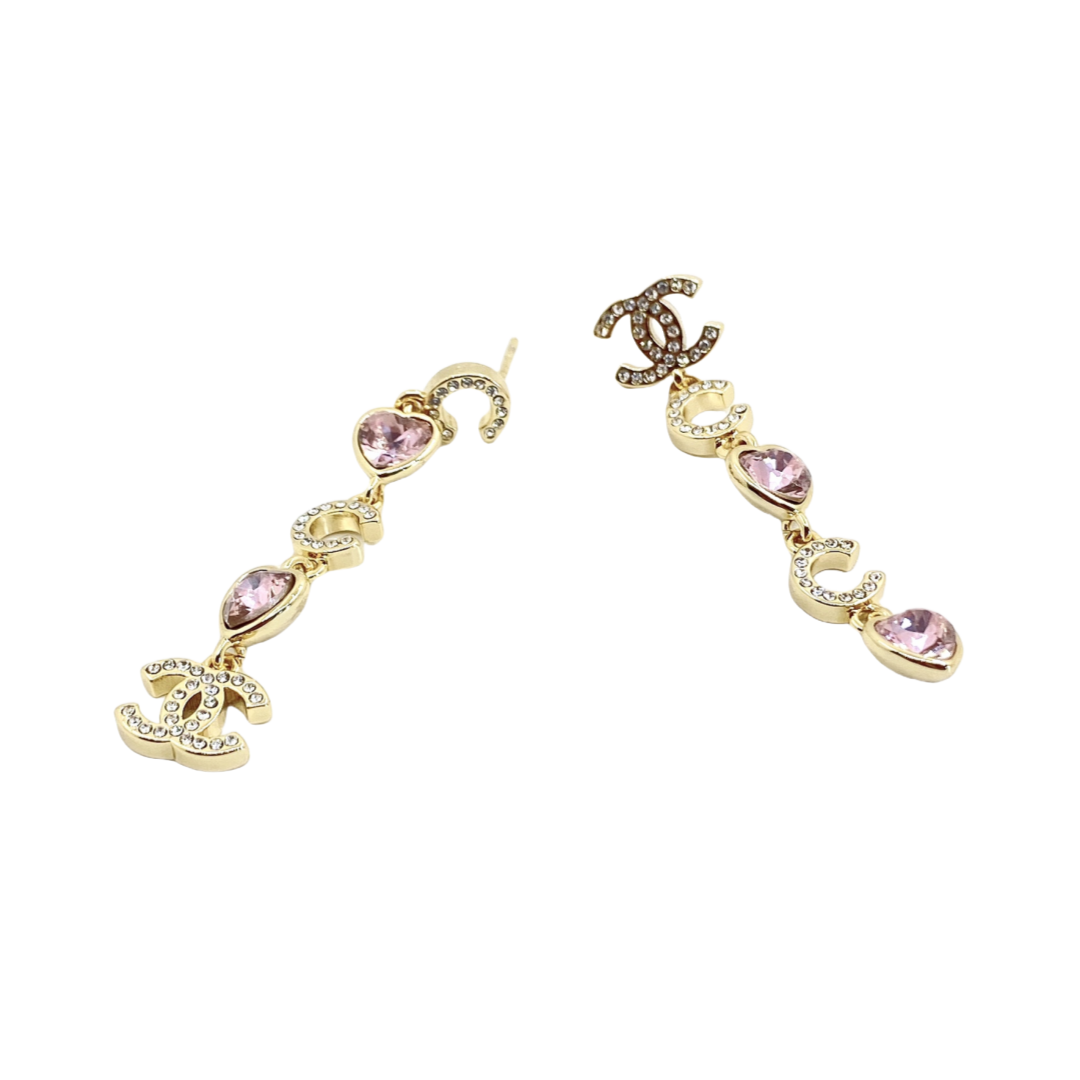 CCE654 Pink crystal heart with pearl CC logo drop earrings - ccjewelryacc