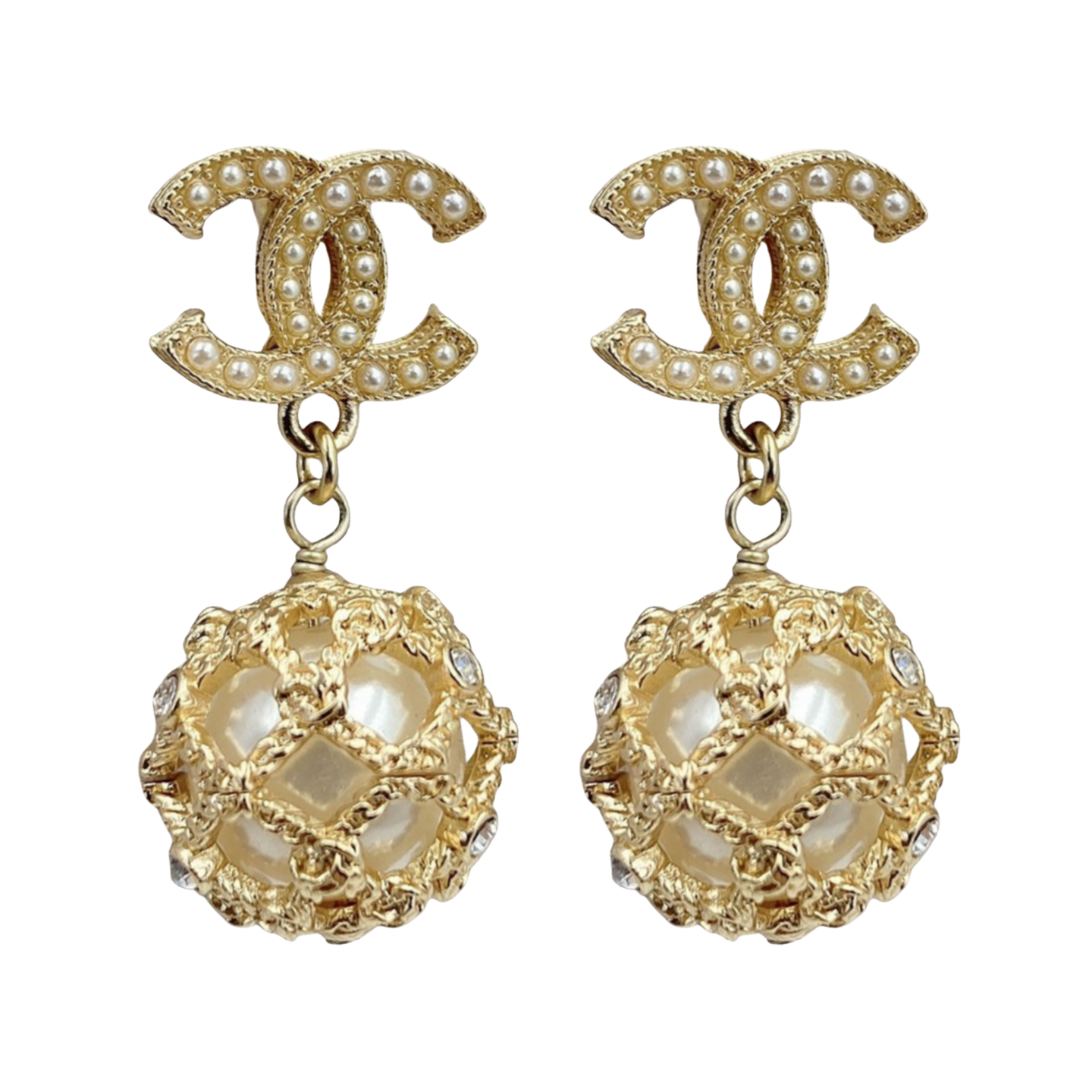 CCE624 Metal Hollow mesh ball pearl and cc logo drop earring - ccjewelryacc