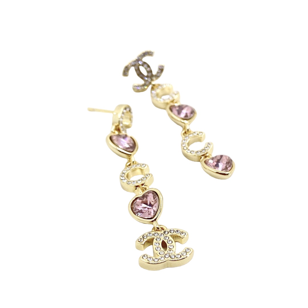 CCE654 Pink crystal heart with pearl CC logo drop earrings - ccjewelryacc