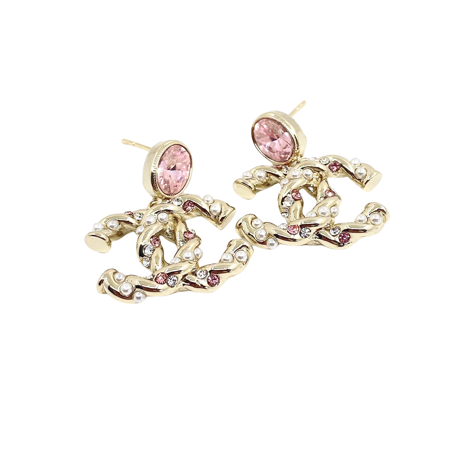 CCE298 Classic Metal twist with pink crystal and pearls cc logo stud earring - ccfashionjewelry