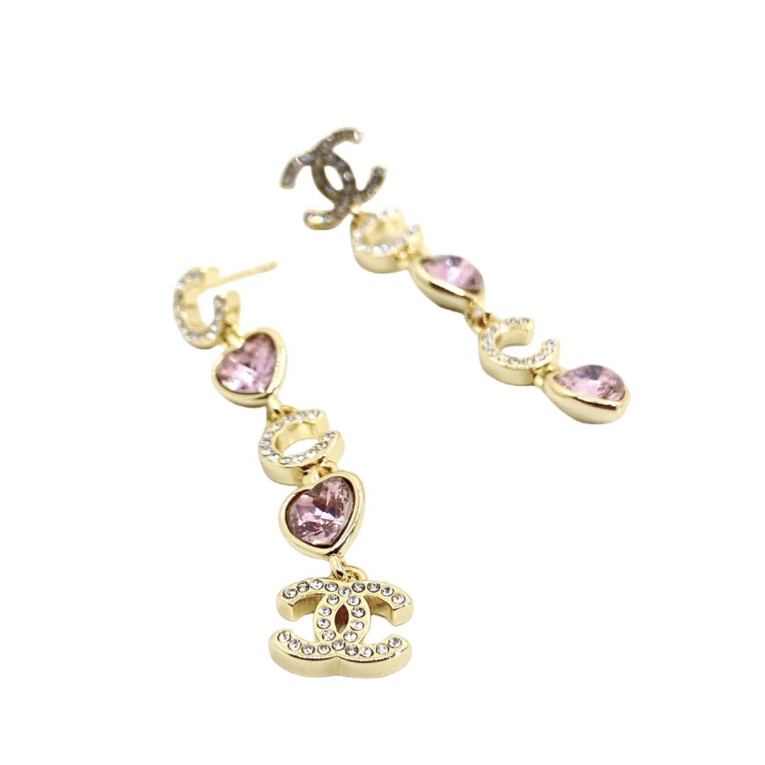 CCE654 Pink crystal heart with pearl CC logo drop earrings - ccjewelryacc