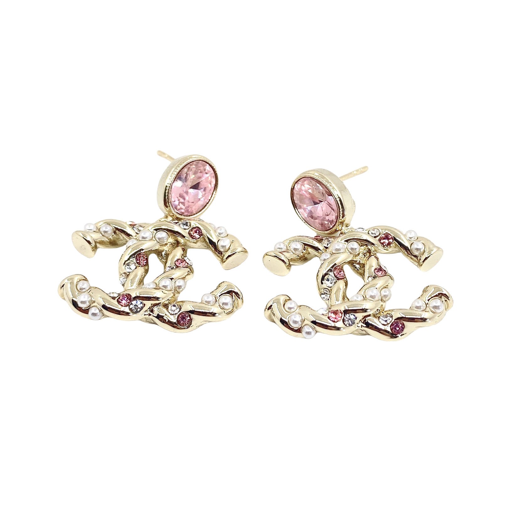 CCE298 Classic Metal twist with pink crystal and pearls cc logo stud earring - ccjewelryacc