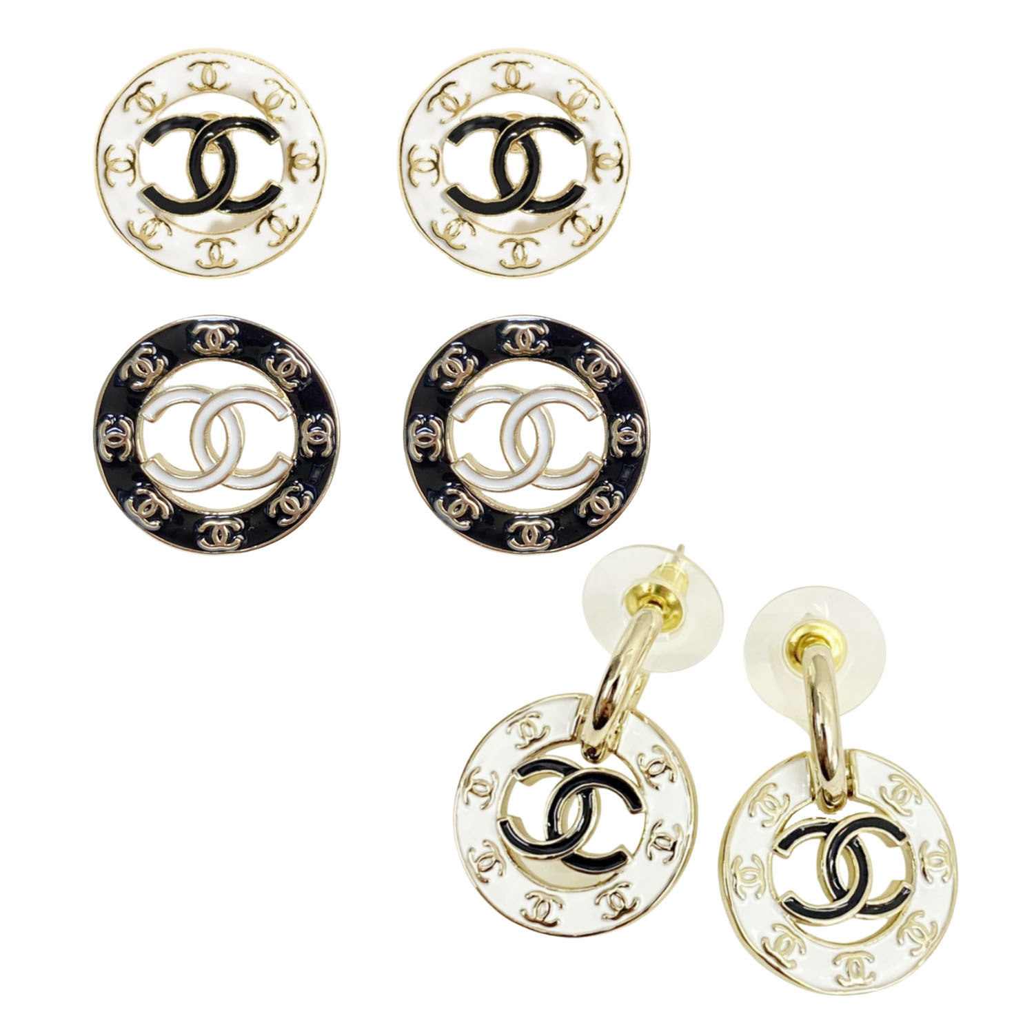 CCE583 24P white and black enamel cc logo earring - ccjewelryacc