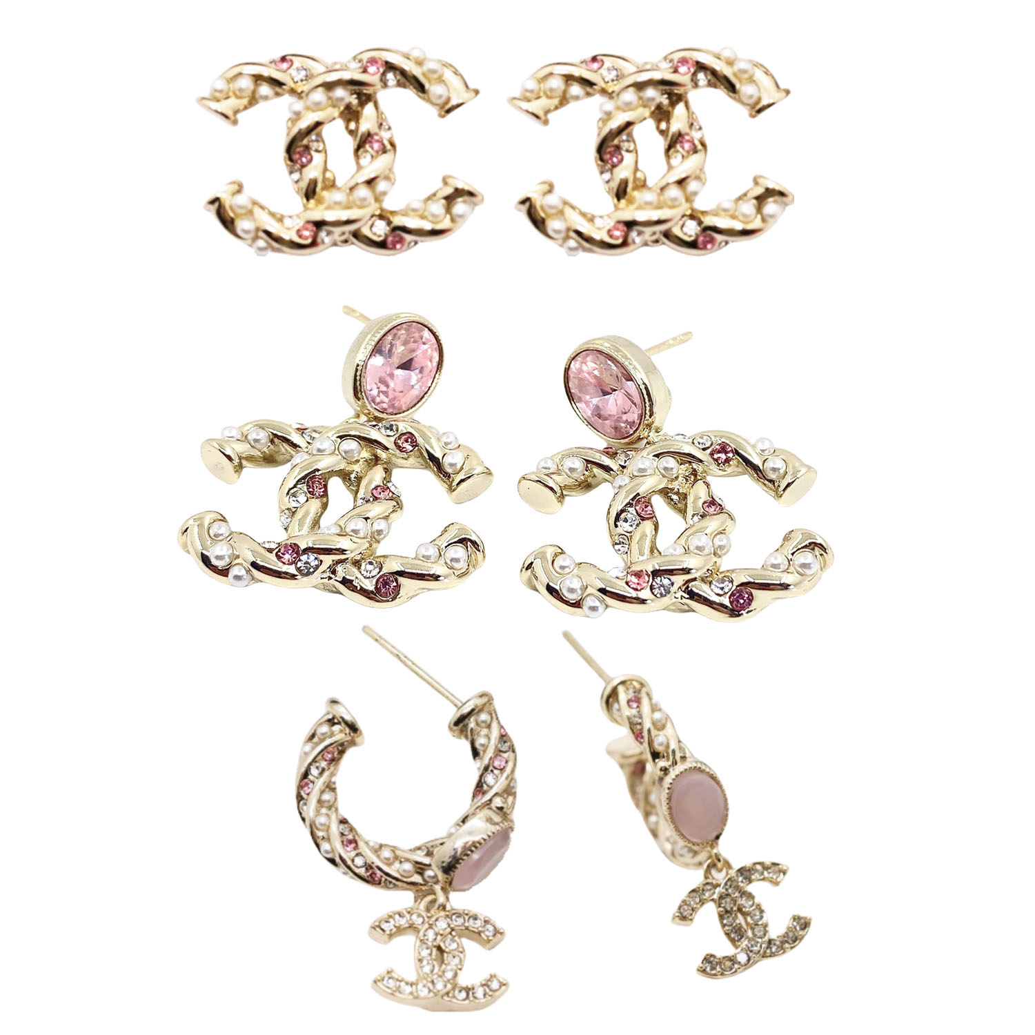 CCE298 Classic Metal twist with pink crystal and pearls cc logo stud earring - ccfashionjewelry