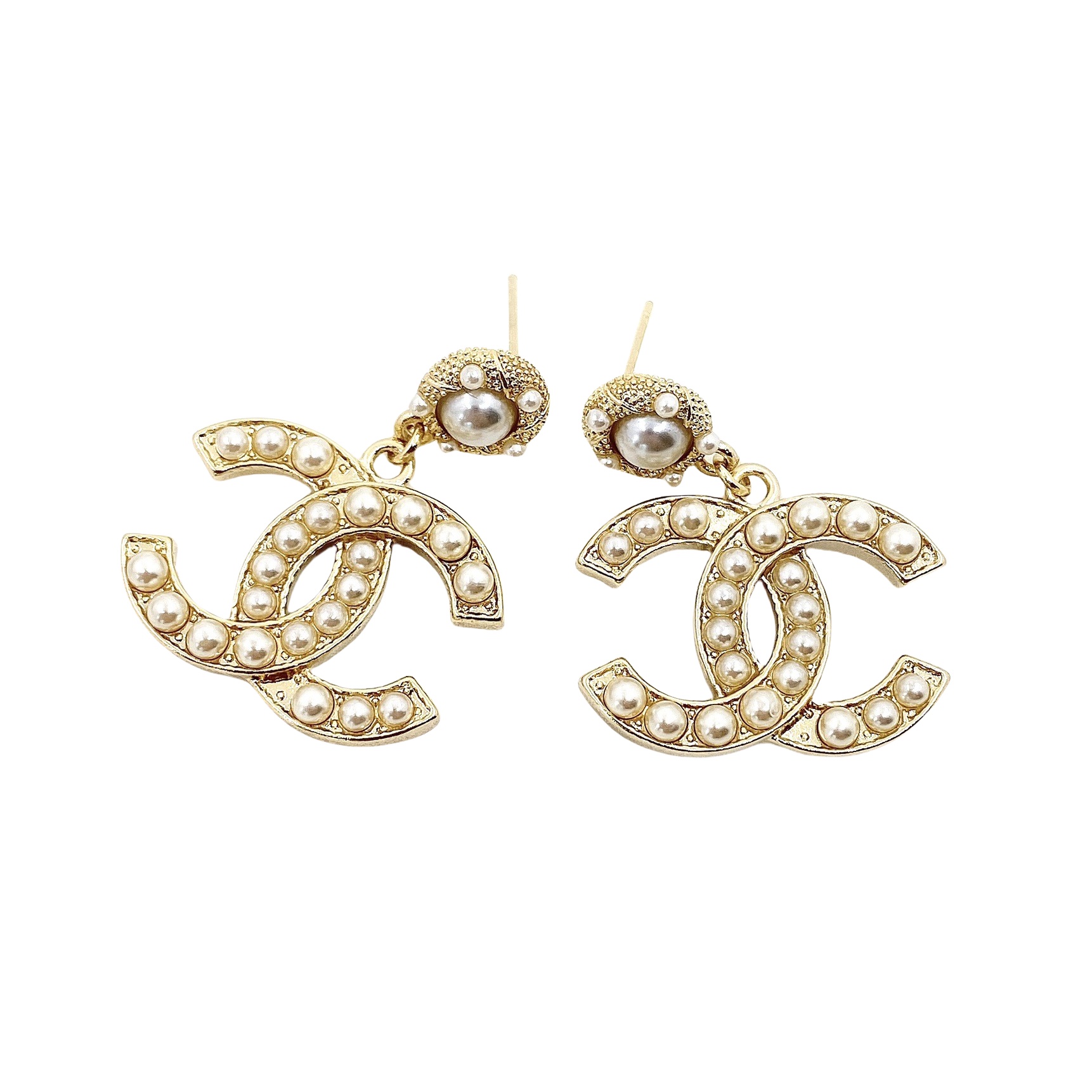 CCE728 Metal pearl cc logo drop earrings - ccjewelryacc