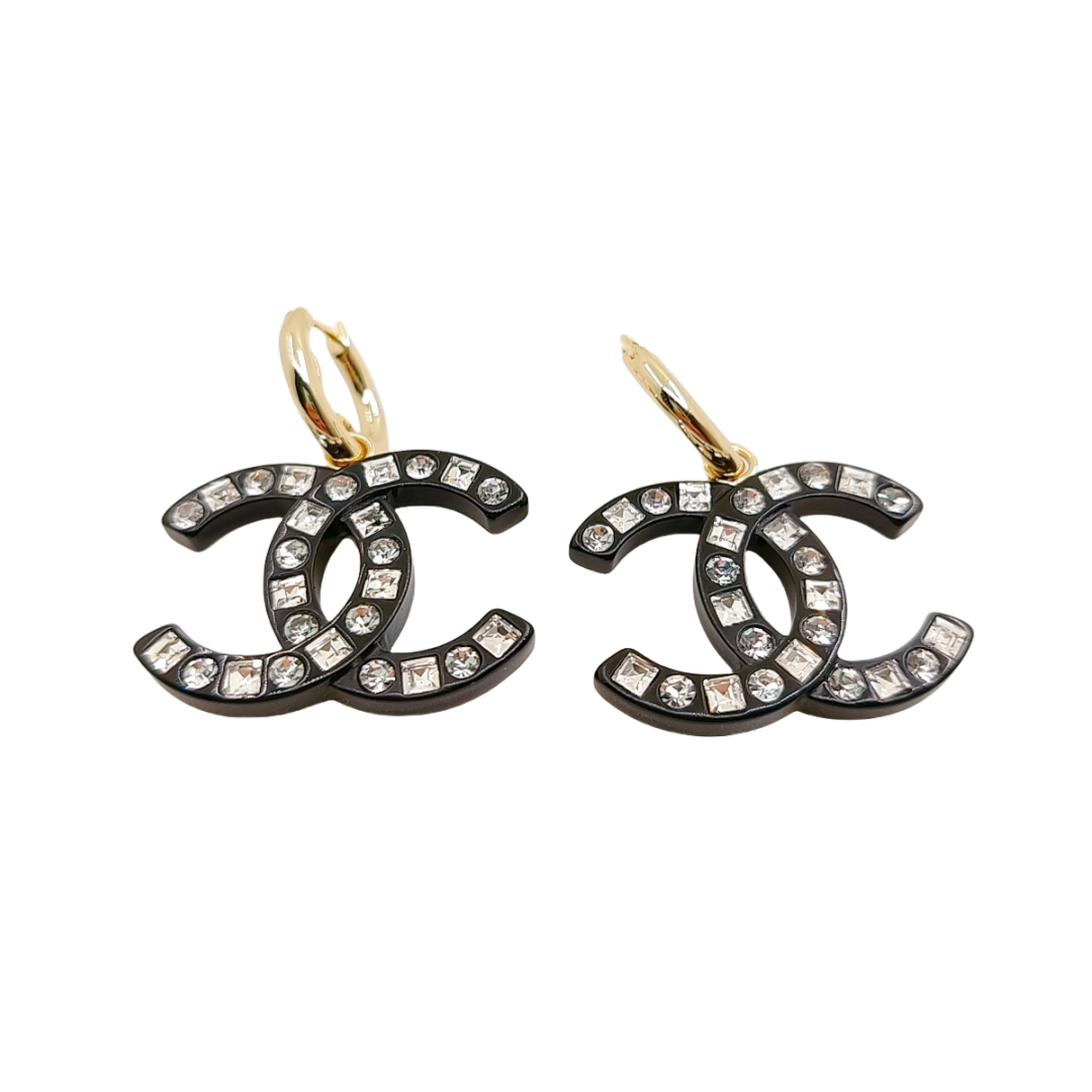 CCE221 Chanel Acrylic Black & Pink CC Earrings with Square and Round Rhinestone Accents (Two Colors Available) - ccfashionjewelry