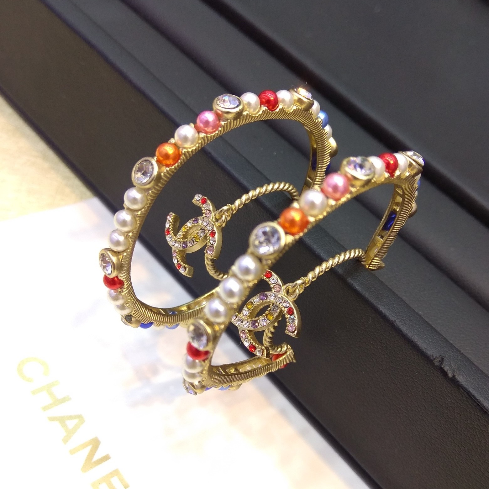 CCE483 Colorful pearls and crystal moon with cc logo pendant hoop earrings - ccjewelryacc