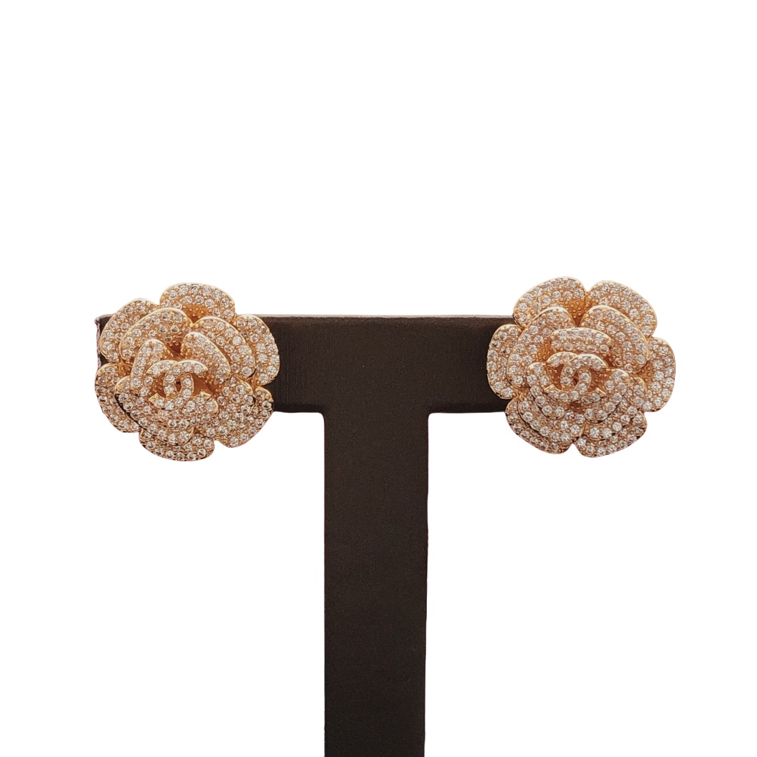 CCE018 Chanel Sparkling Crystal Camellia Flower Stud Earrings - ccjewelryacc