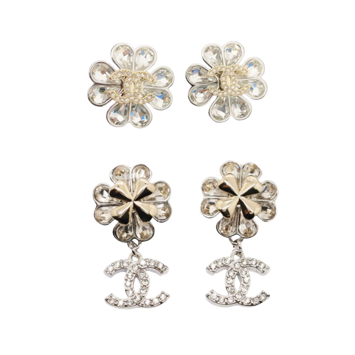 CCE058 Two-Tone Silver and Gold Heart-Shaped Crystal Four-Leaf Clover Stud Earrings - ccjewelryacc