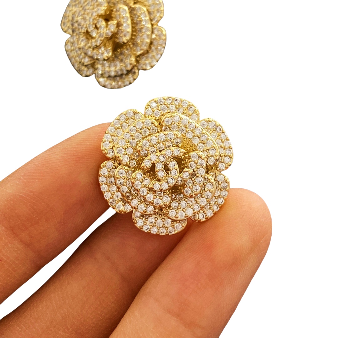 CCE018 Chanel Sparkling Crystal Camellia Flower Stud Earrings - ccjewelryacc