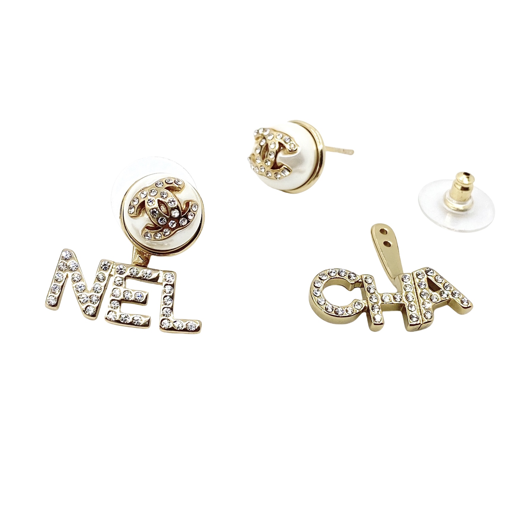CCE244 Crystal CHA NEL letters with pearl cc logo stud earring - ccfashionjewelry