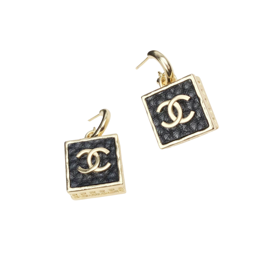 CCE347 Chanel Vintage Metal Square Black Leather-Like Minimalist Earrings - ccfashionjewelry