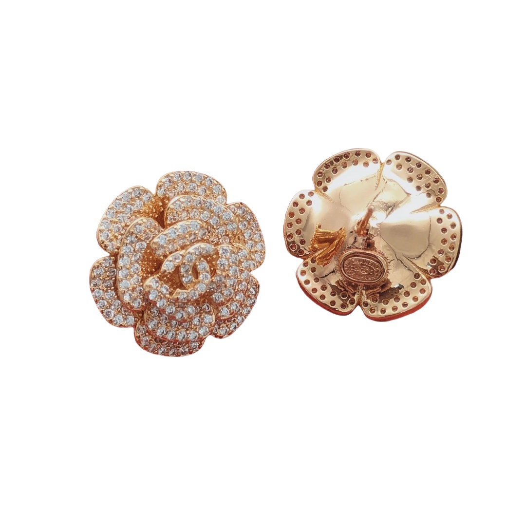CCE018 Chanel Sparkling Crystal Camellia Flower Stud Earrings - ccjewelryacc