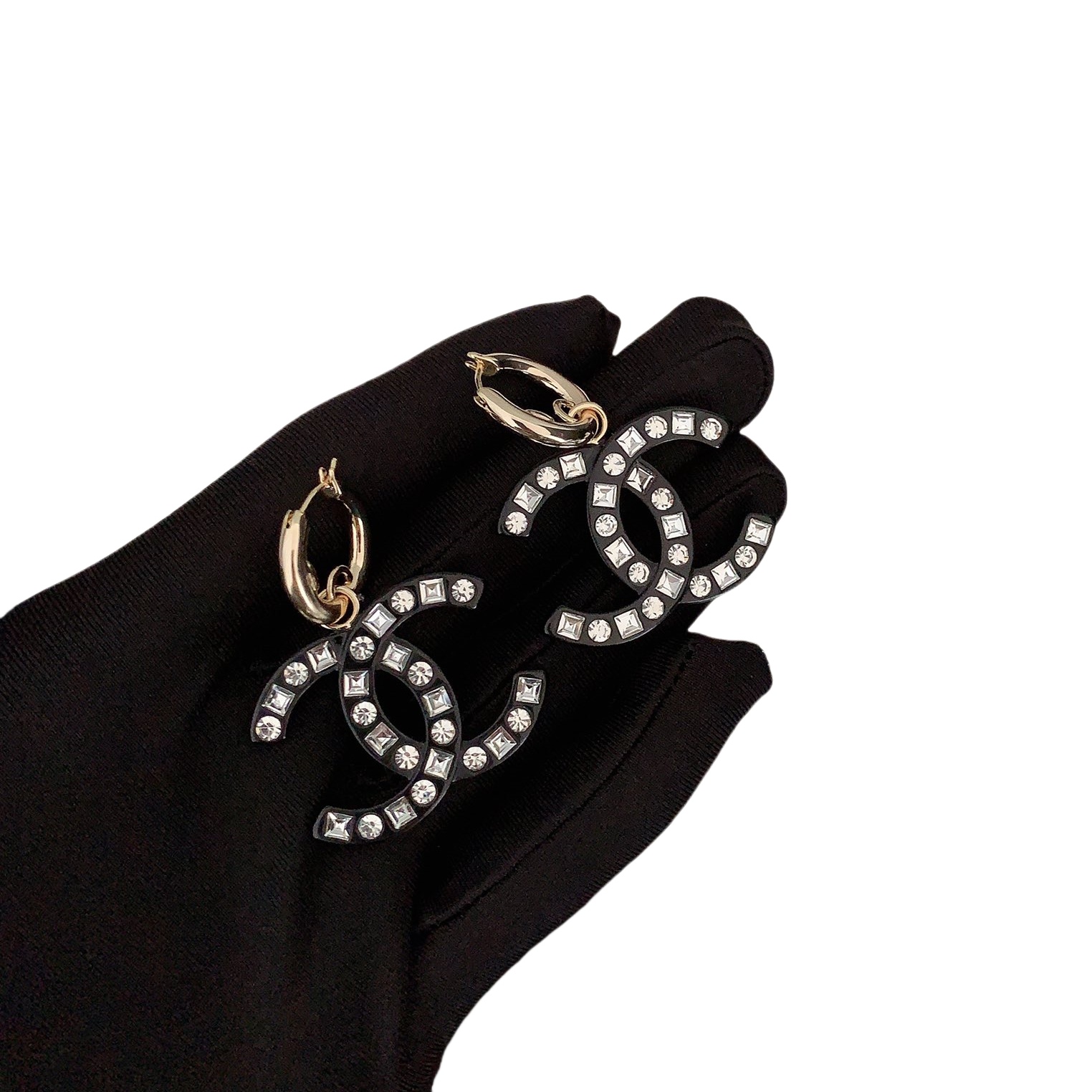 CCE221 Chanel Acrylic Black & Pink CC Earrings with Square and Round Rhinestone Accents (Two Colors Available) - ccjewelryacc