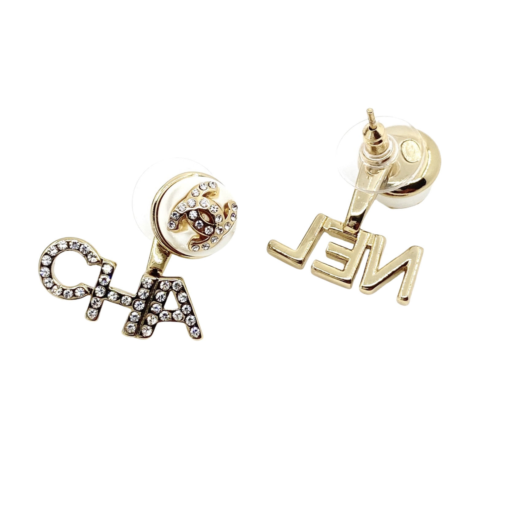 CCE244 Crystal CHA NEL letters with pearl cc logo stud earring - ccjewelryacc