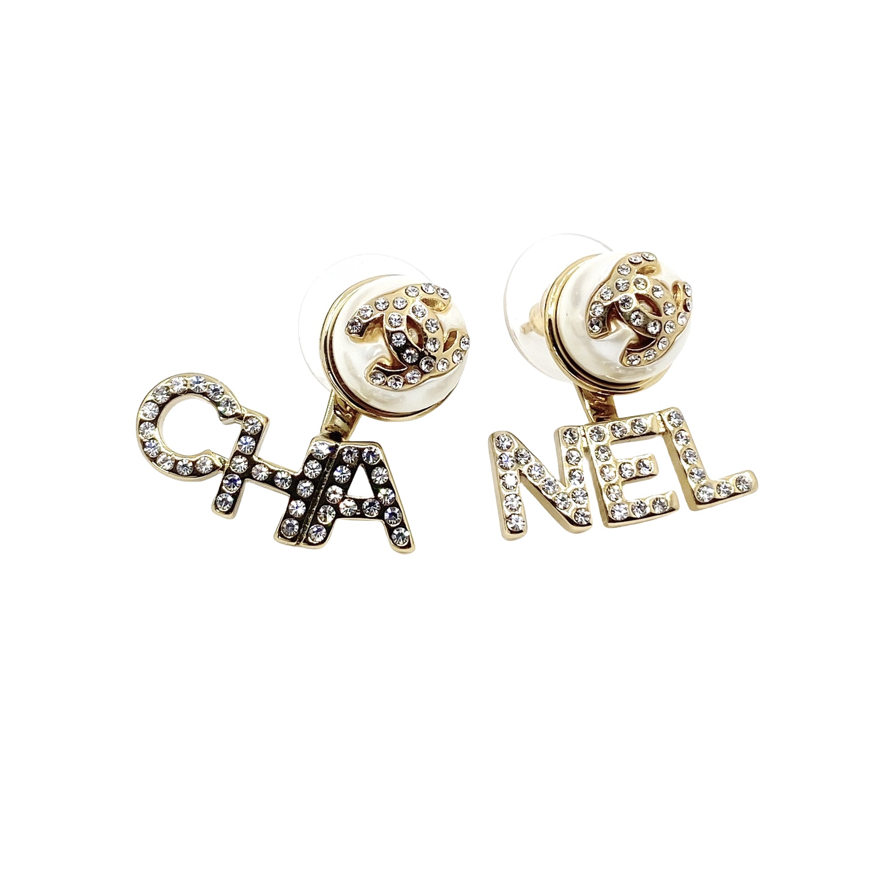 CCE244 Crystal CHA NEL letters with pearl cc logo stud earring - ccfashionjewelry