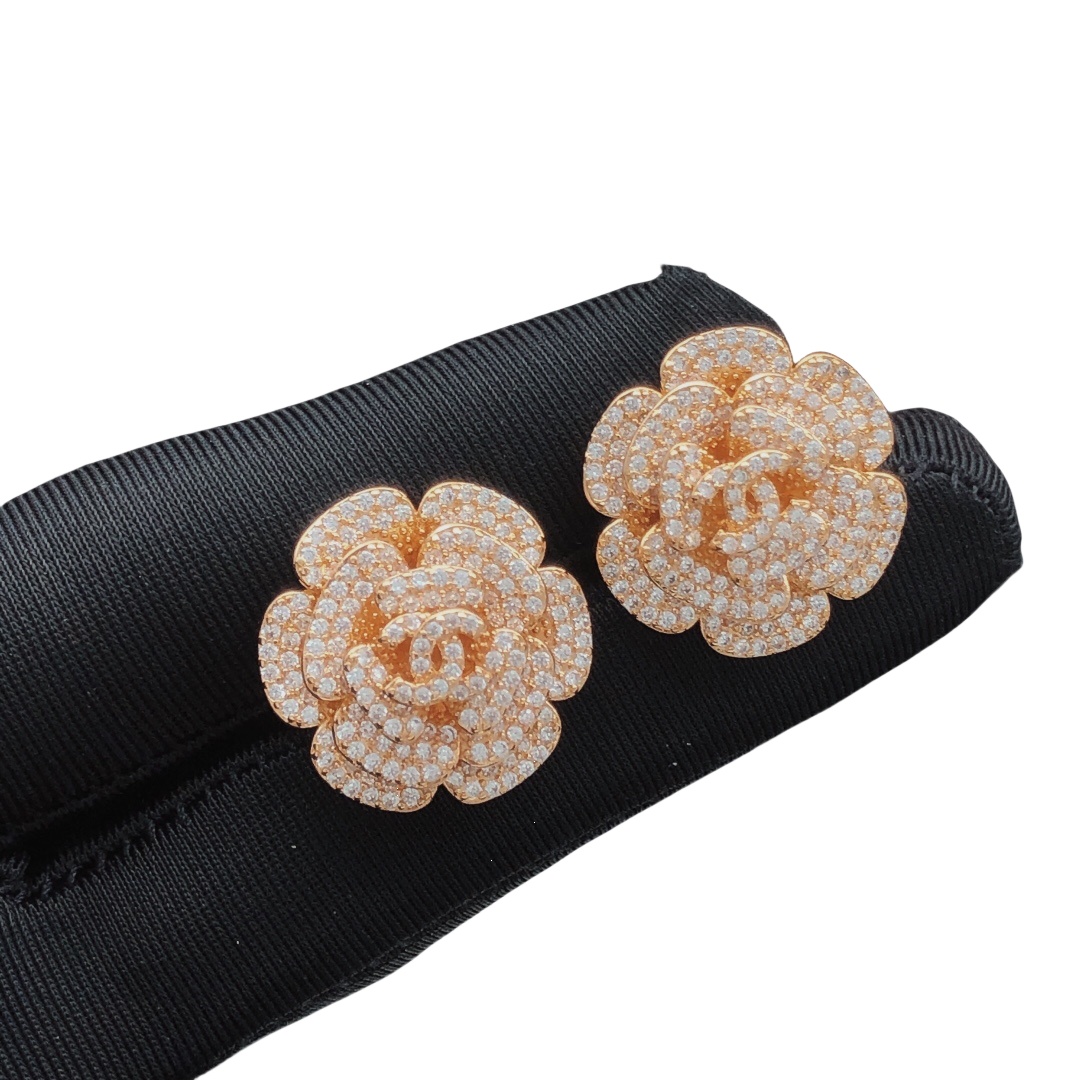 CCE018 Chanel Sparkling Crystal Camellia Flower Stud Earrings - ccjewelryacc