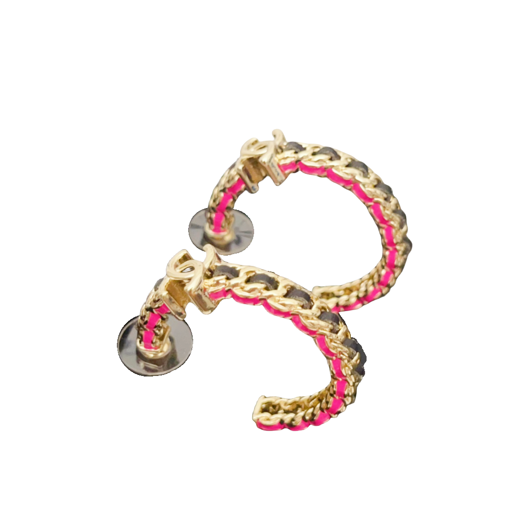 CCE038 Metal black leather with Pink paint CC logo earring - ccjewelryacc