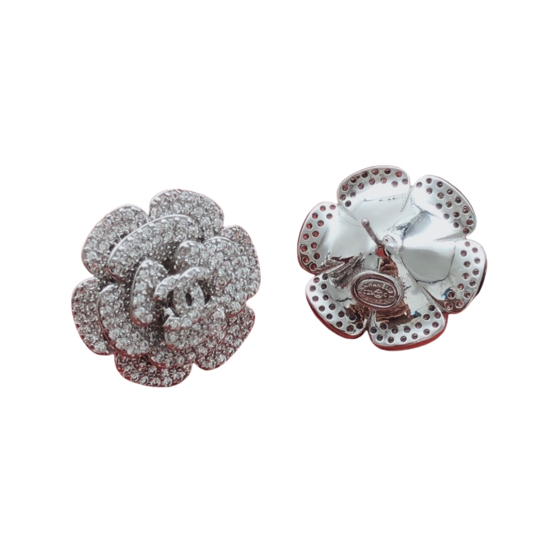 CCE018 Chanel Sparkling Crystal Camellia Flower Stud Earrings - ccjewelryacc
