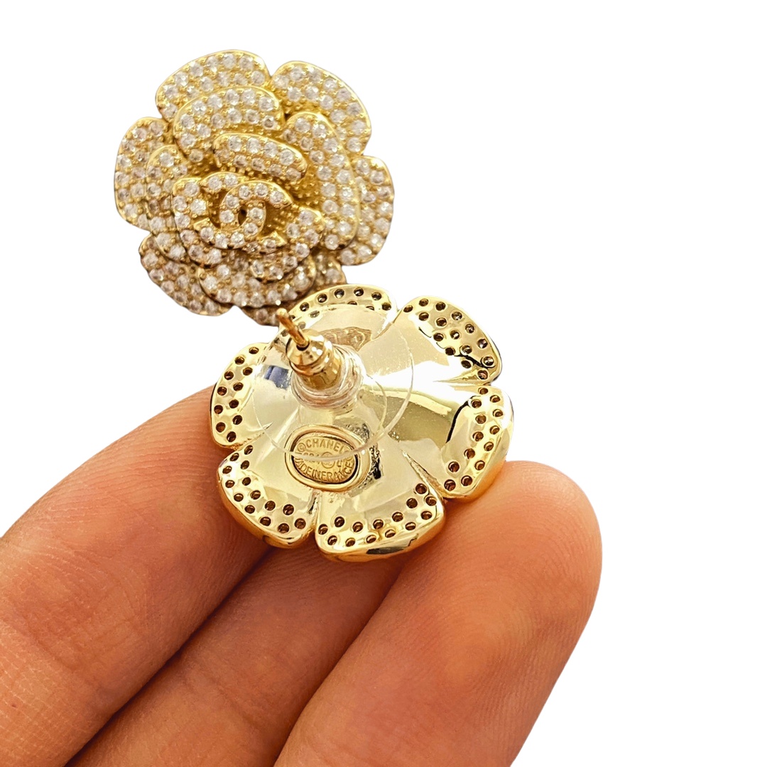 CCE018 Chanel Sparkling Crystal Camellia Flower Stud Earrings - ccjewelryacc