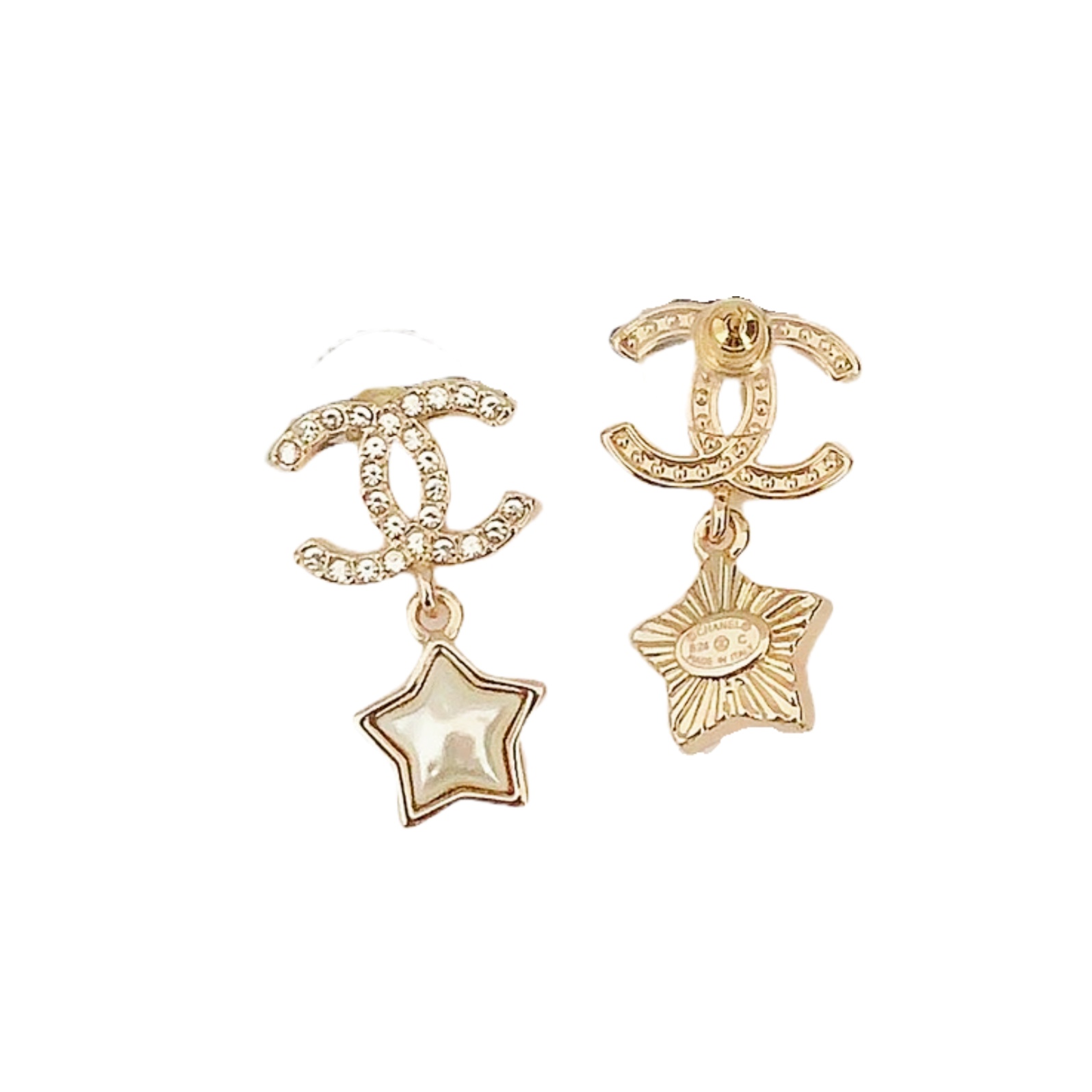 CCE469 Star-shaped acrylic double C rhinestones with pearl fringe pendant CC earring - ccjewelryacc