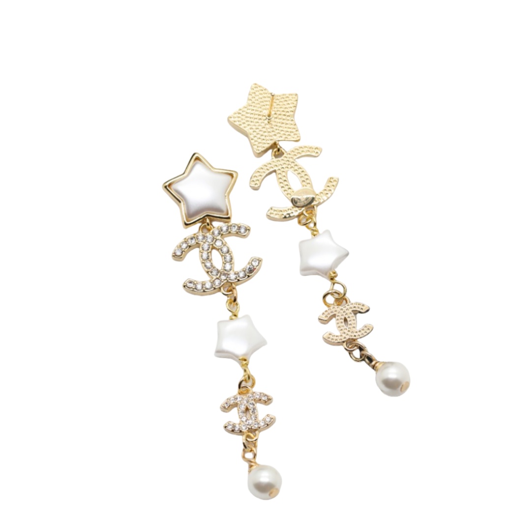 CCE469 Star-shaped acrylic double C rhinestones with pearl fringe pendant CC earring - ccjewelryacc