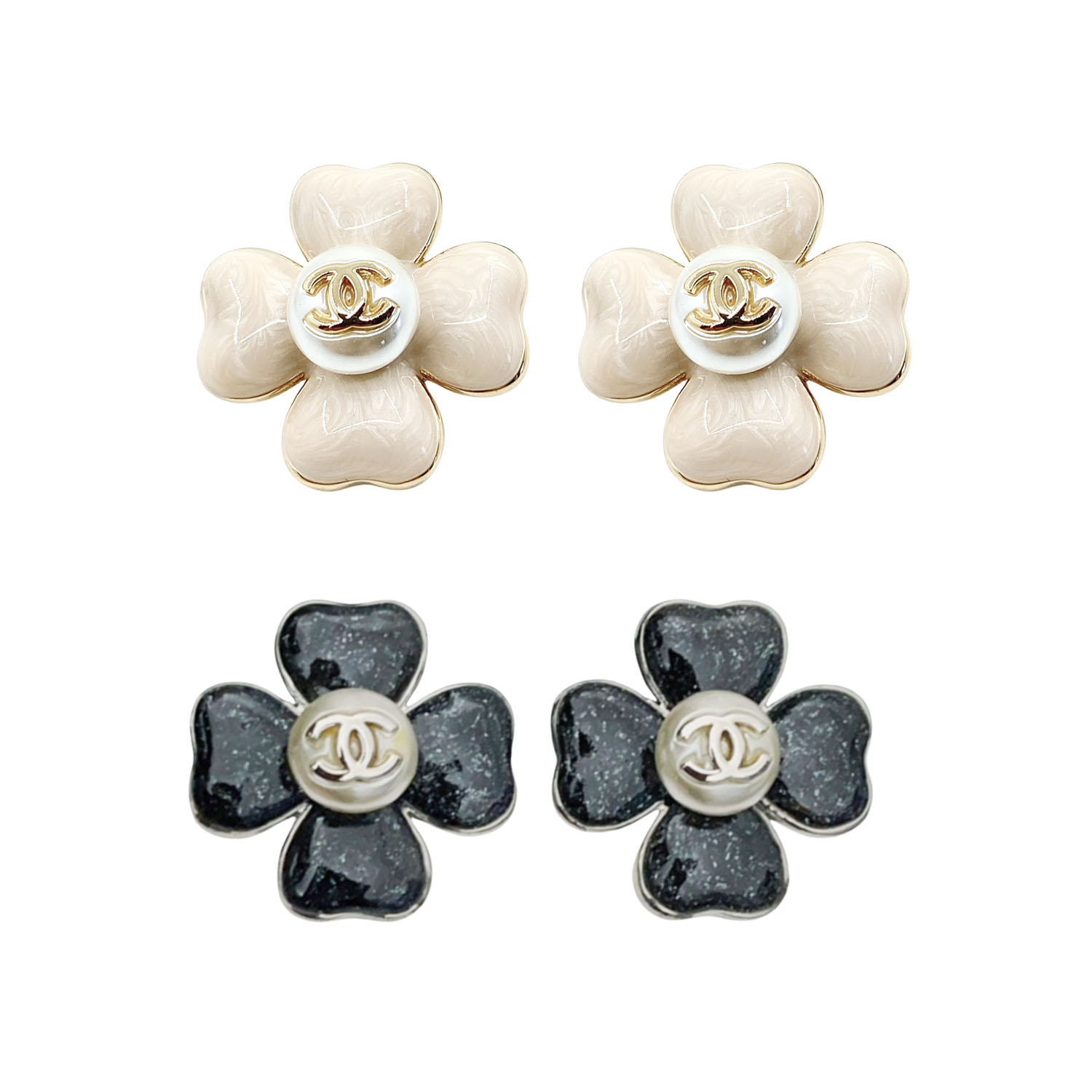 CCE183 Chanel Metal enamel Four-leaf flower with CC logo stud earring - ccfashionjewelry