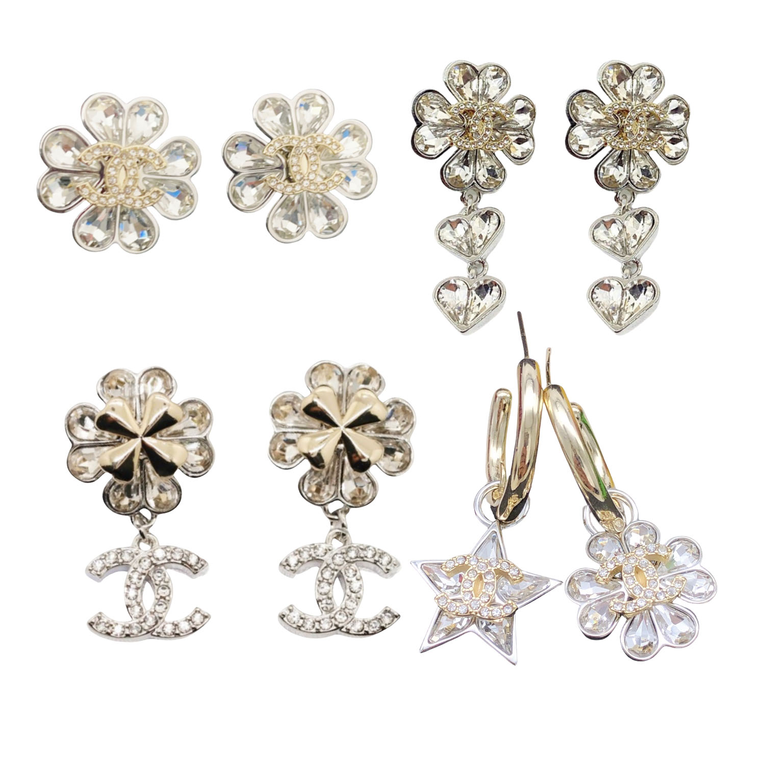 CCE058 Two-Tone Silver and Gold Heart-Shaped Crystal Four-Leaf Clover Stud Earrings - ccfashionjewelry