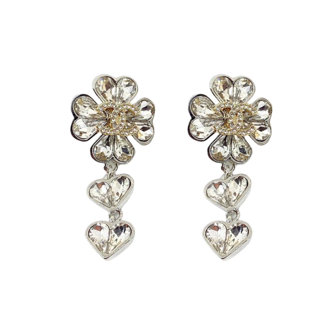 CCE058 Two-Tone Silver and Gold Heart-Shaped Crystal Four-Leaf Clover Stud Earrings - ccfashionjewelry