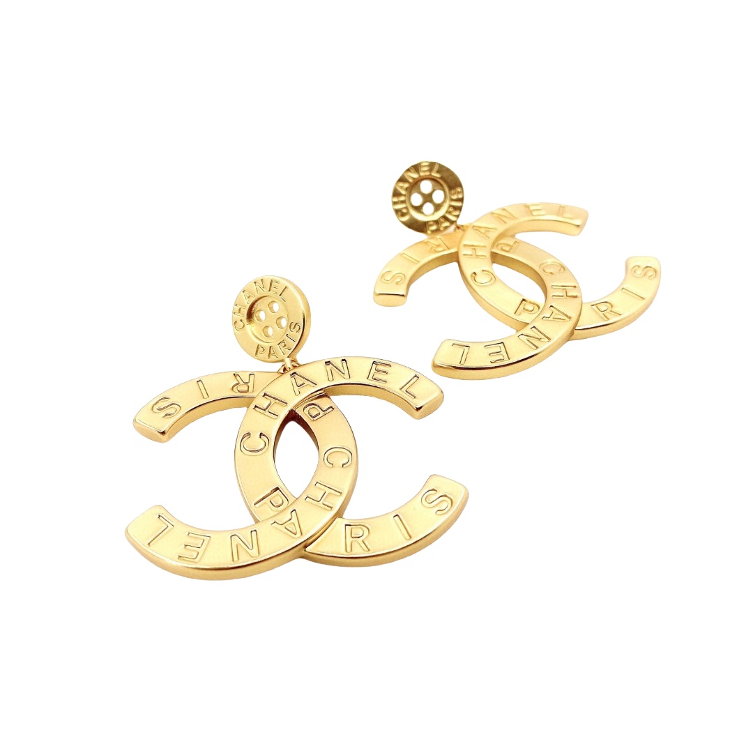 CCE159 Vintage Gold button with chanel paris letter engrave cc logo stud earring - ccjewelryacc