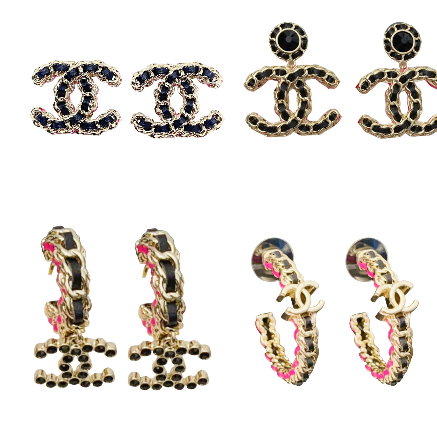 CCE038 Metal black leather with Pink paint CC logo earring - ccfashionjewelry