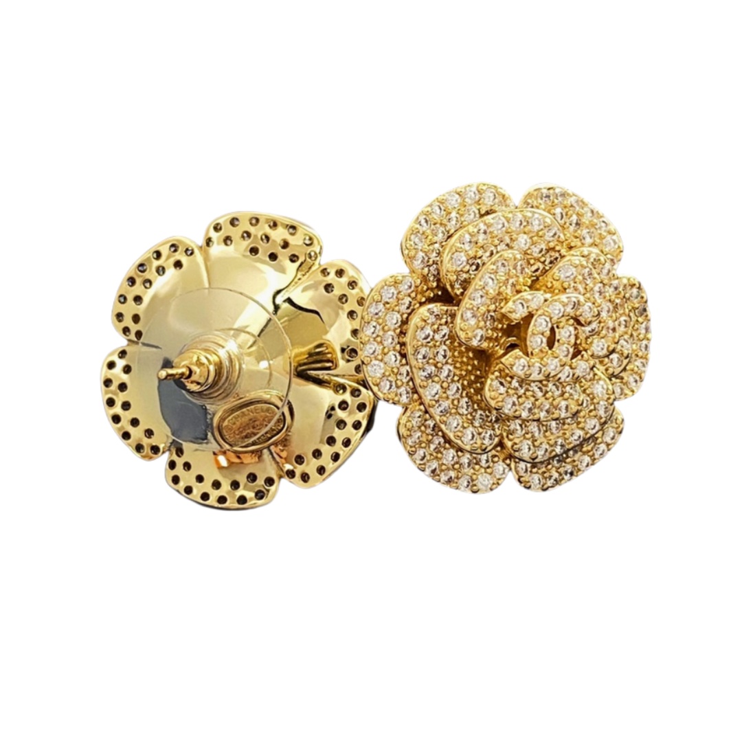 CCE018 Chanel Sparkling Crystal Camellia Flower Stud Earrings - ccjewelryacc