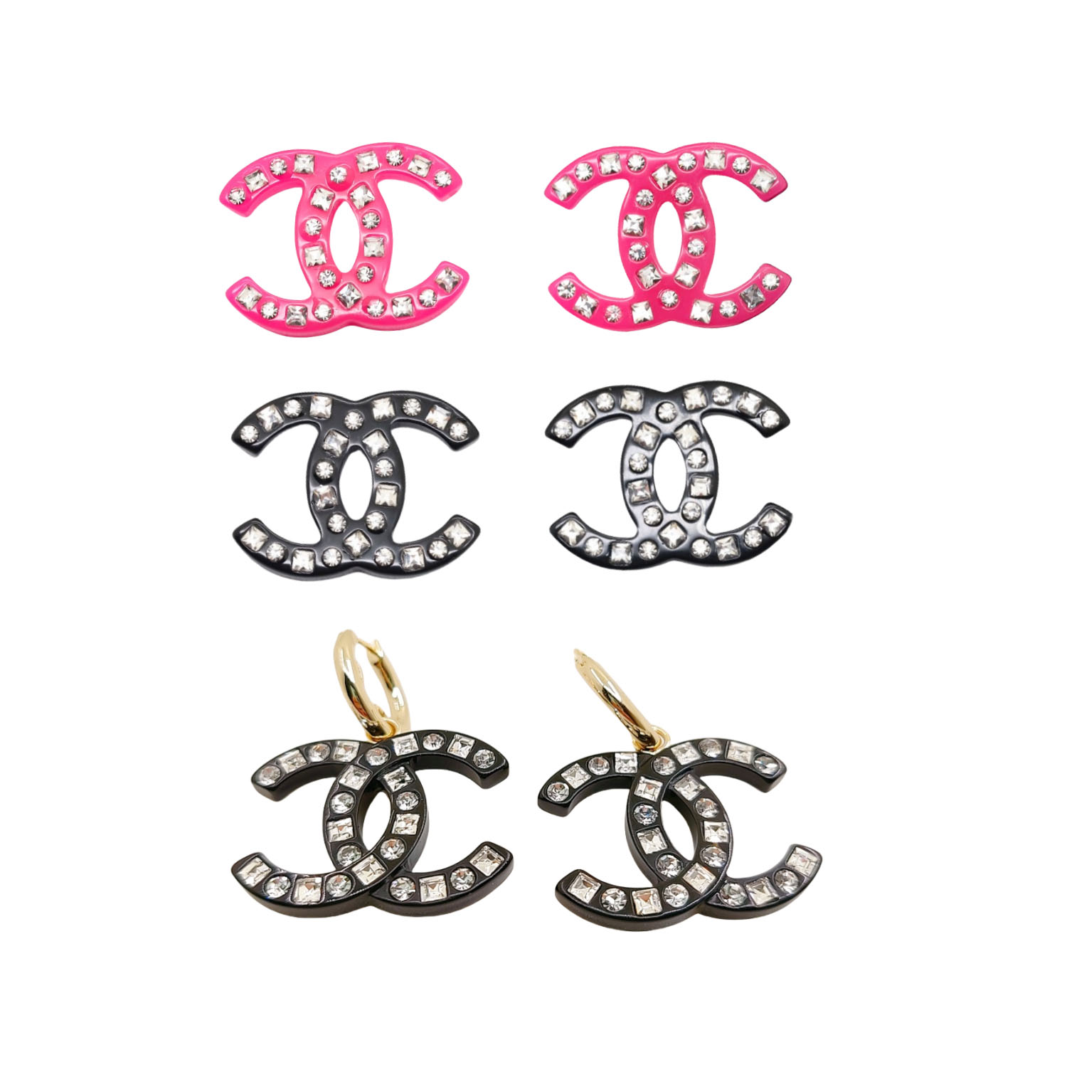 CCE221 Chanel Acrylic Black & Pink CC Earrings with Square and Round Rhinestone Accents (Two Colors Available) - ccfashionjewelry