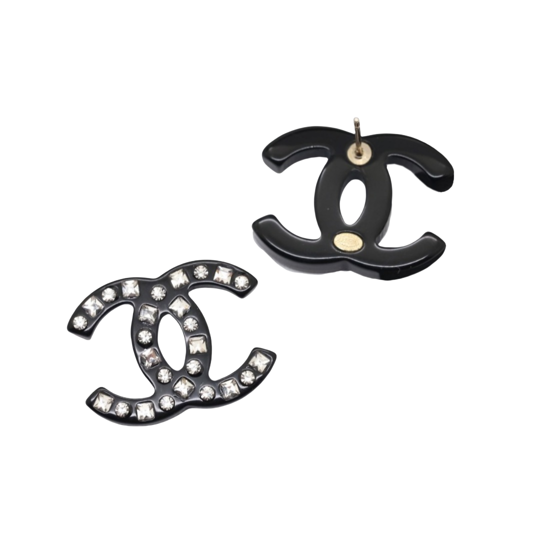 CCE221 Chanel Acrylic Black & Pink CC Earrings with Square and Round Rhinestone Accents (Two Colors Available) - ccjewelryacc