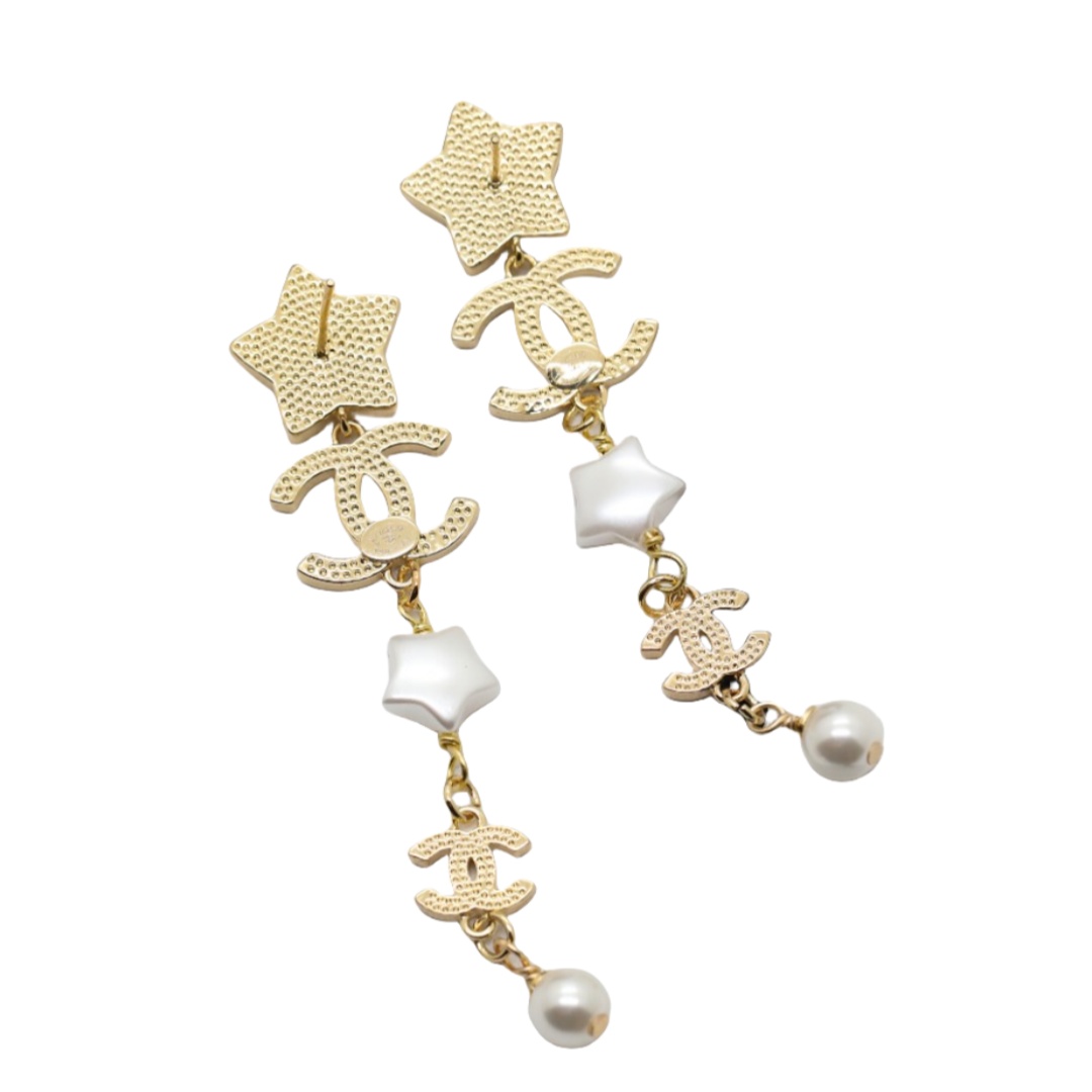 CCE469 Star-shaped acrylic double C rhinestones with pearl fringe pendant CC earring - ccjewelryacc