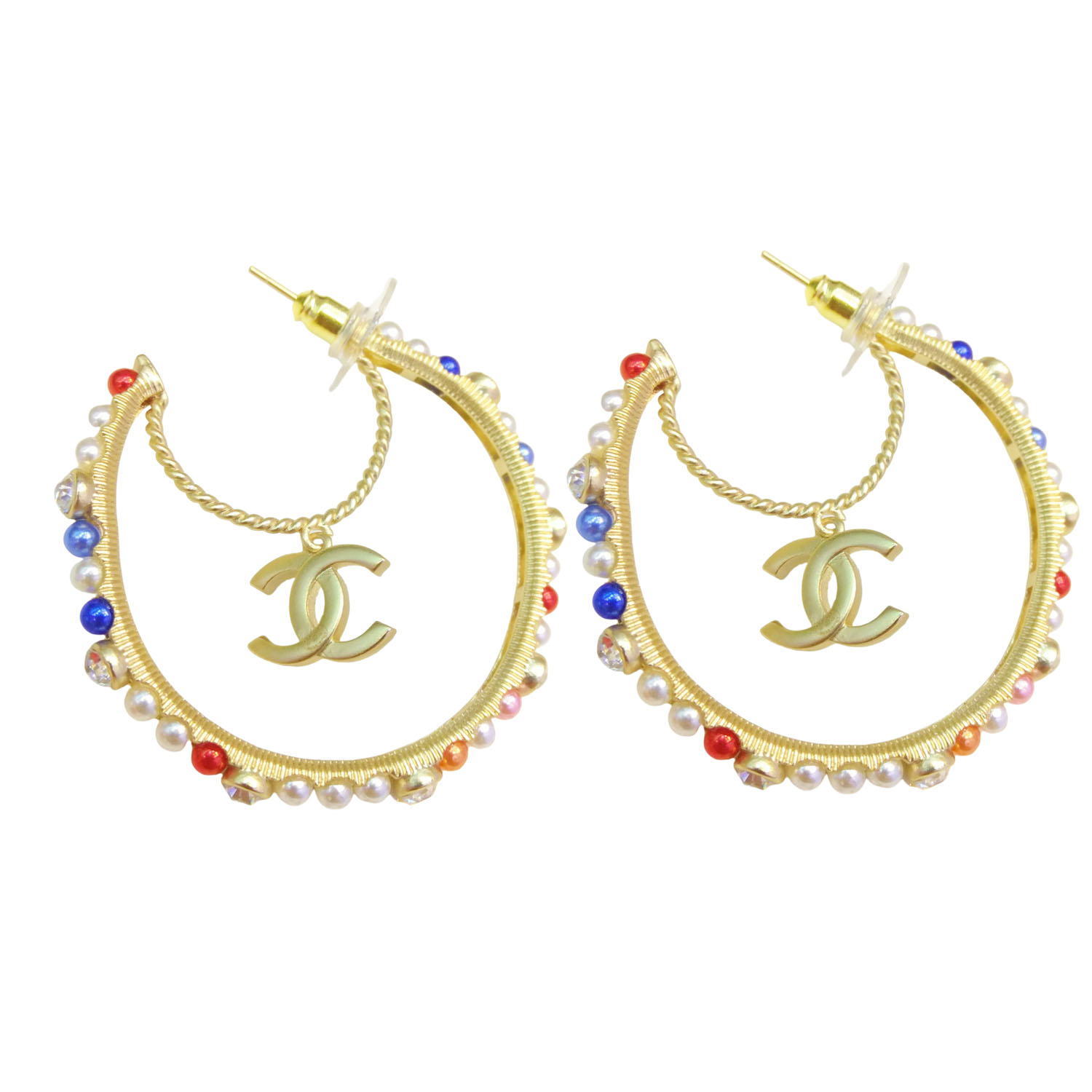 CCE483 Colorful pearls and crystal moon with cc logo pendant hoop earrings - ccfashionjewelry