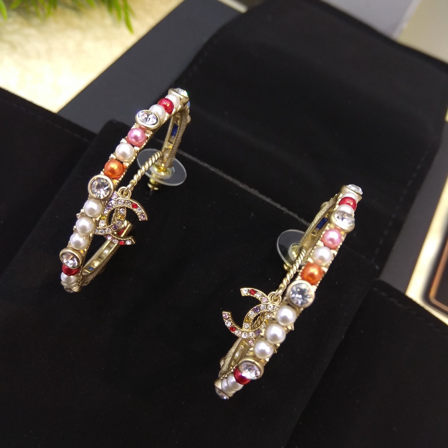 CCE483 Colorful pearls and crystal moon with cc logo pendant hoop earrings - ccjewelryacc