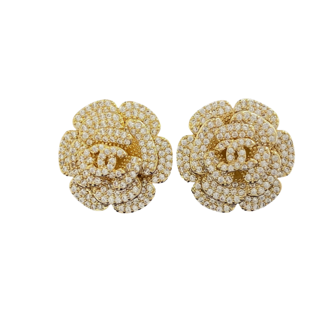 CCE018 Chanel Sparkling Crystal Camellia Flower Stud Earrings - ccfashionjewelry