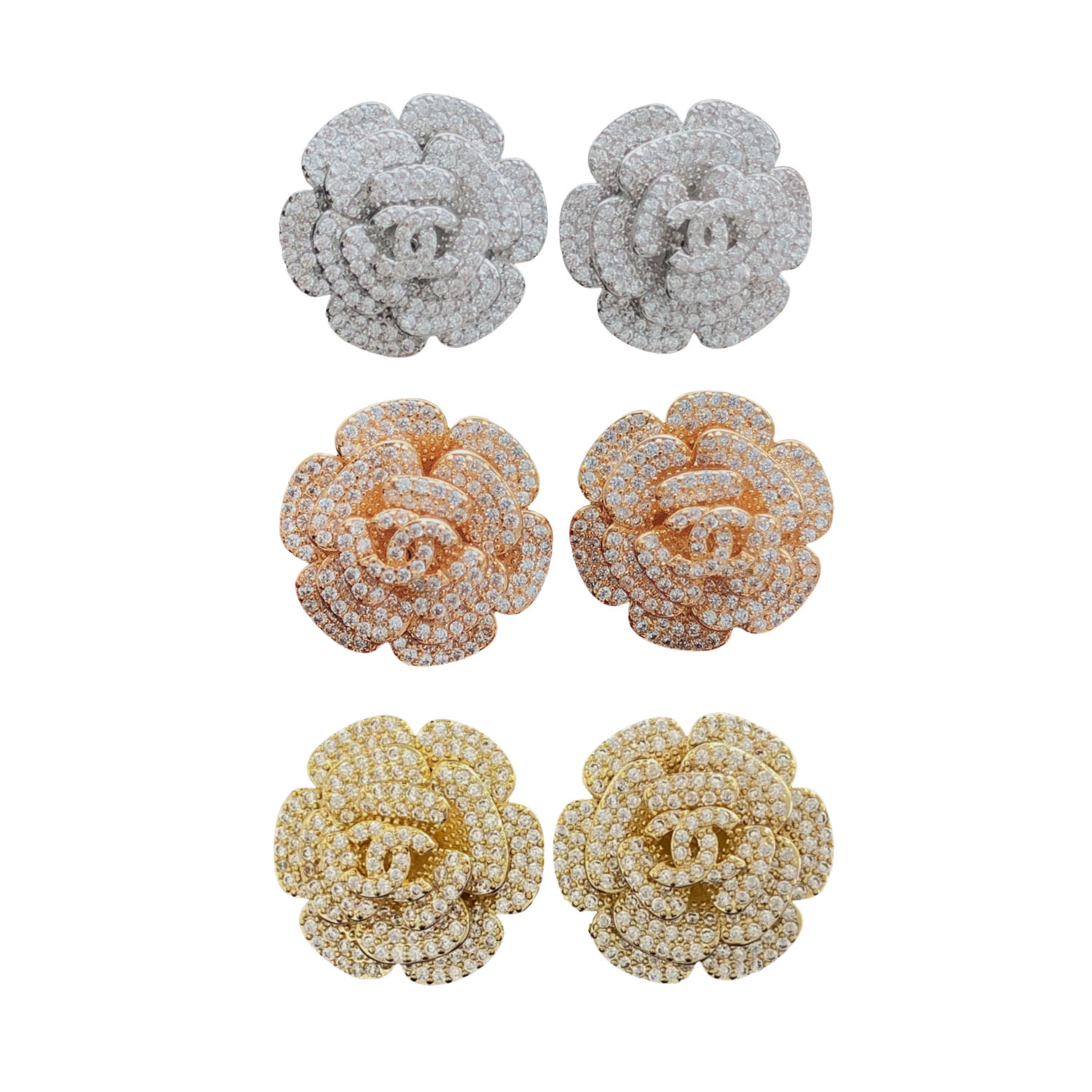 CCE018 Chanel Sparkling Crystal Camellia Flower Stud Earrings - ccfashionjewelry